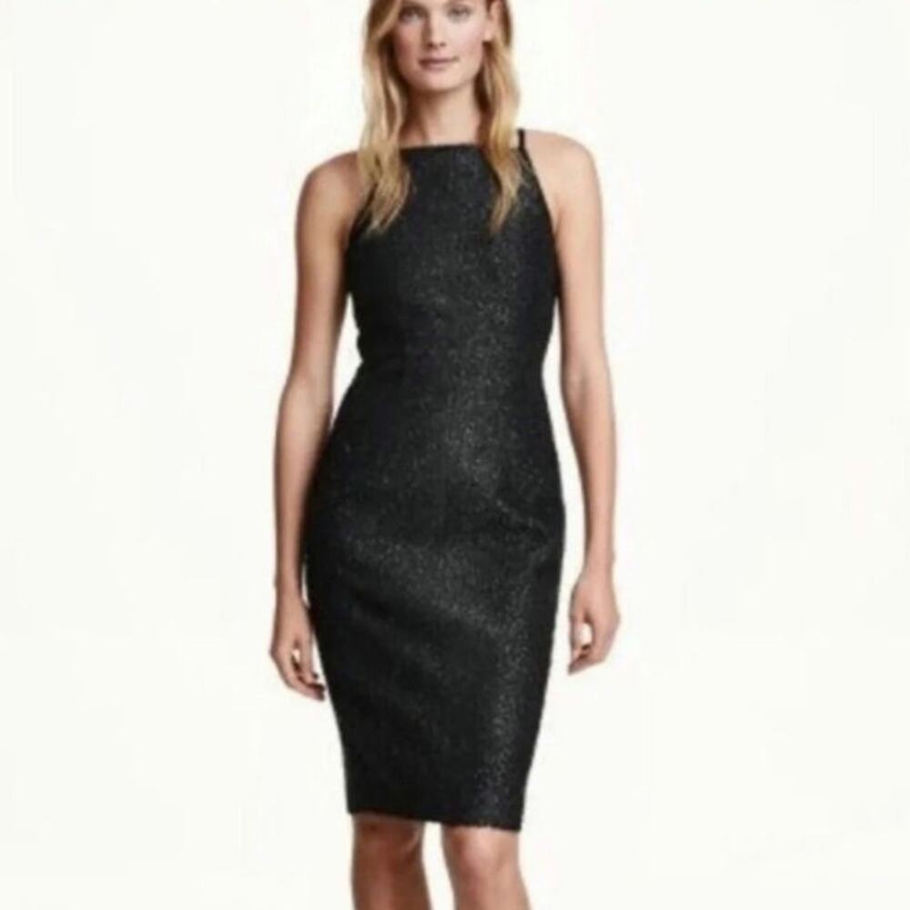 HM Black Metallic Tinsel Shealth Dress Sz 8 Cocktail Minimalist Modern Chic